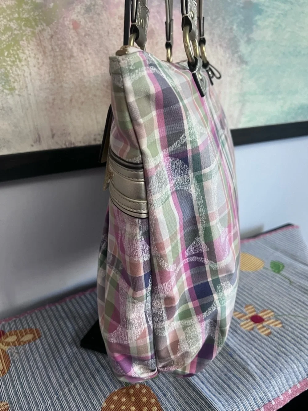 COACH POPPY BLUE GREEN PINK IVORY TARTAN PLAID LG TOTE SATCHEL HANDBAG - Picture 10 of 11